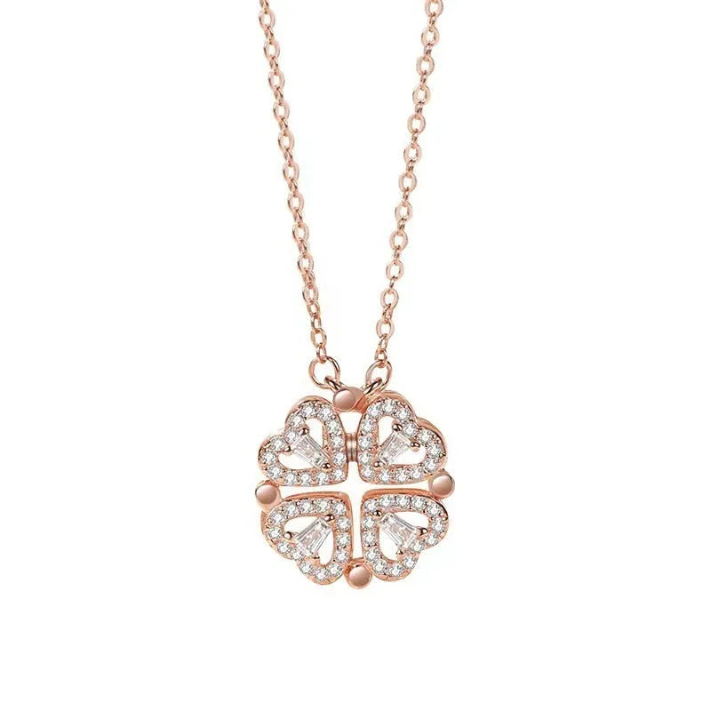 Four-leaf clover double-wear necklace for women, copper with heart pendant and cross chain, fade-resistant 18k gold finish