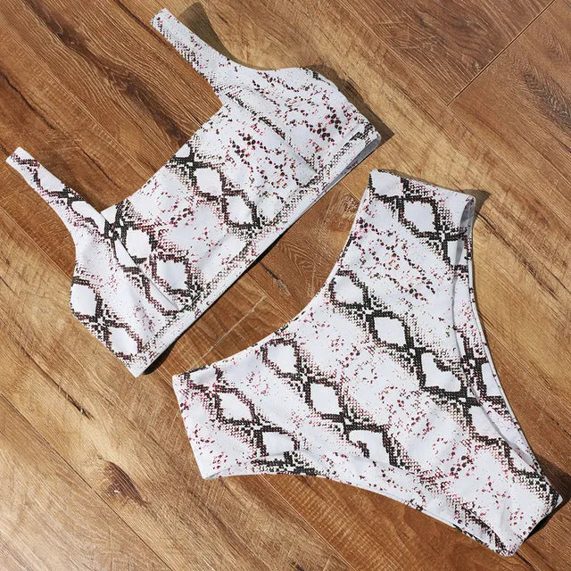 Women's leopard print high waist bikini swimsuit with push-up bra in polyester fabric