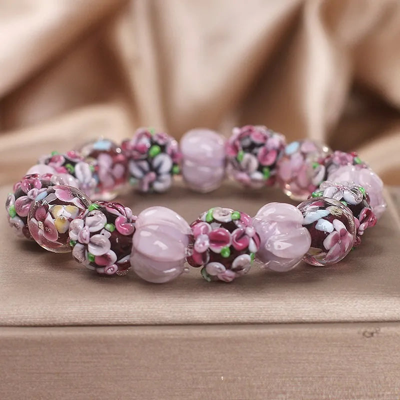 Chinese style purple floral glass bead bracelet for women with electroplated finish