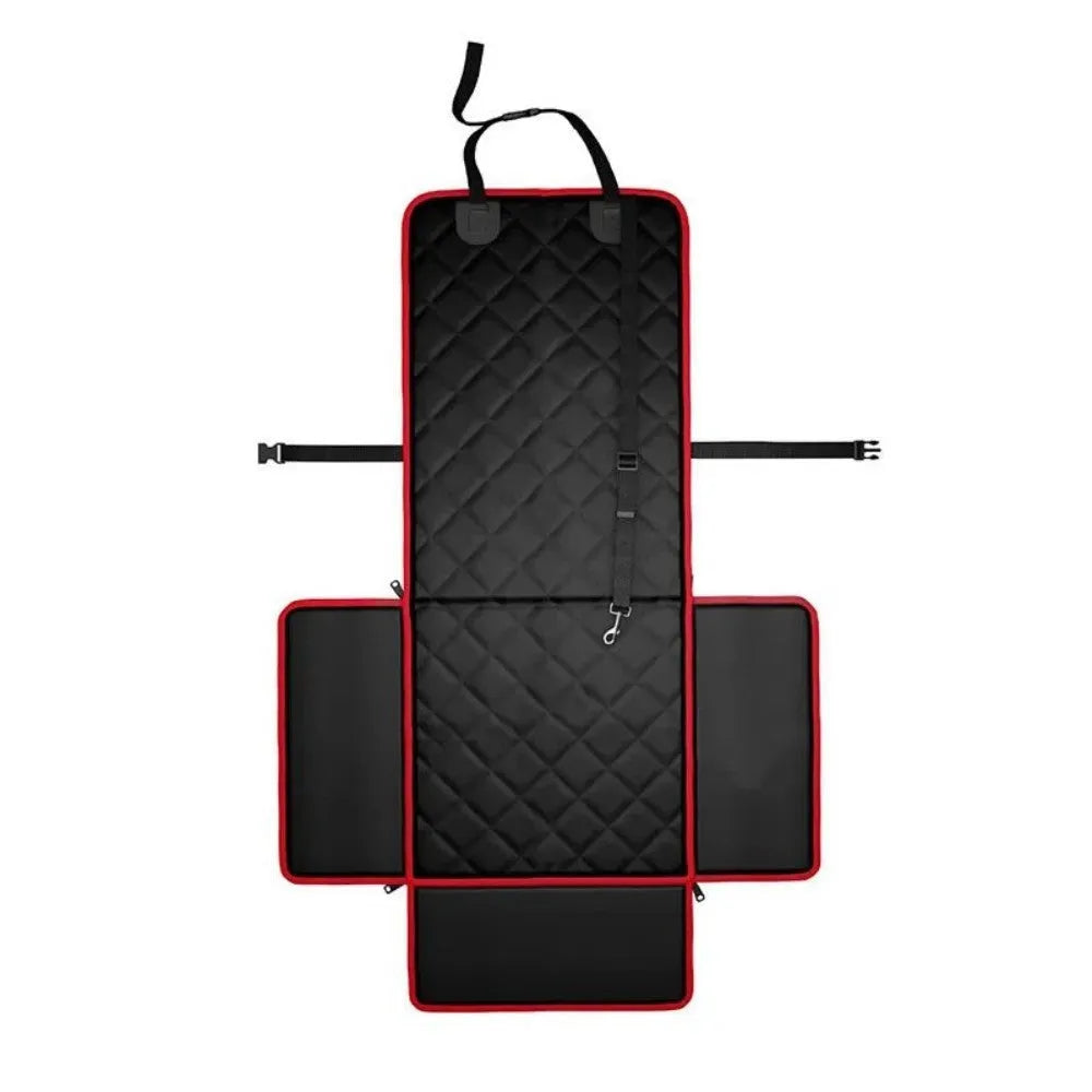 Black dog car pet pad with non-slip base on vehicle front seat measuring 42cm square