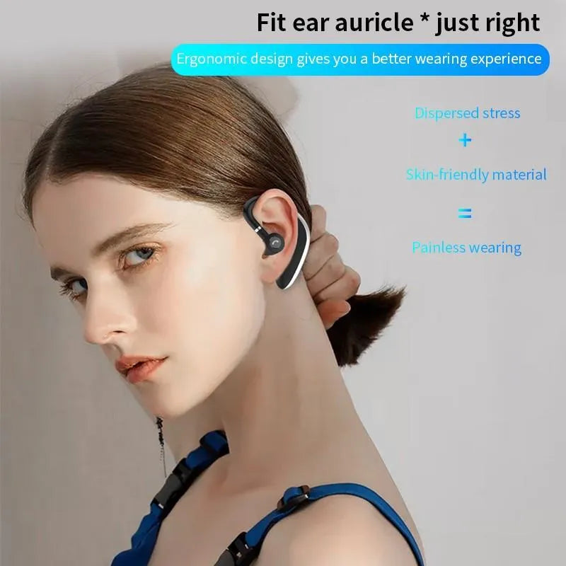 Wireless hanging ear Bluetooth headset in black with in-ear design and battery display