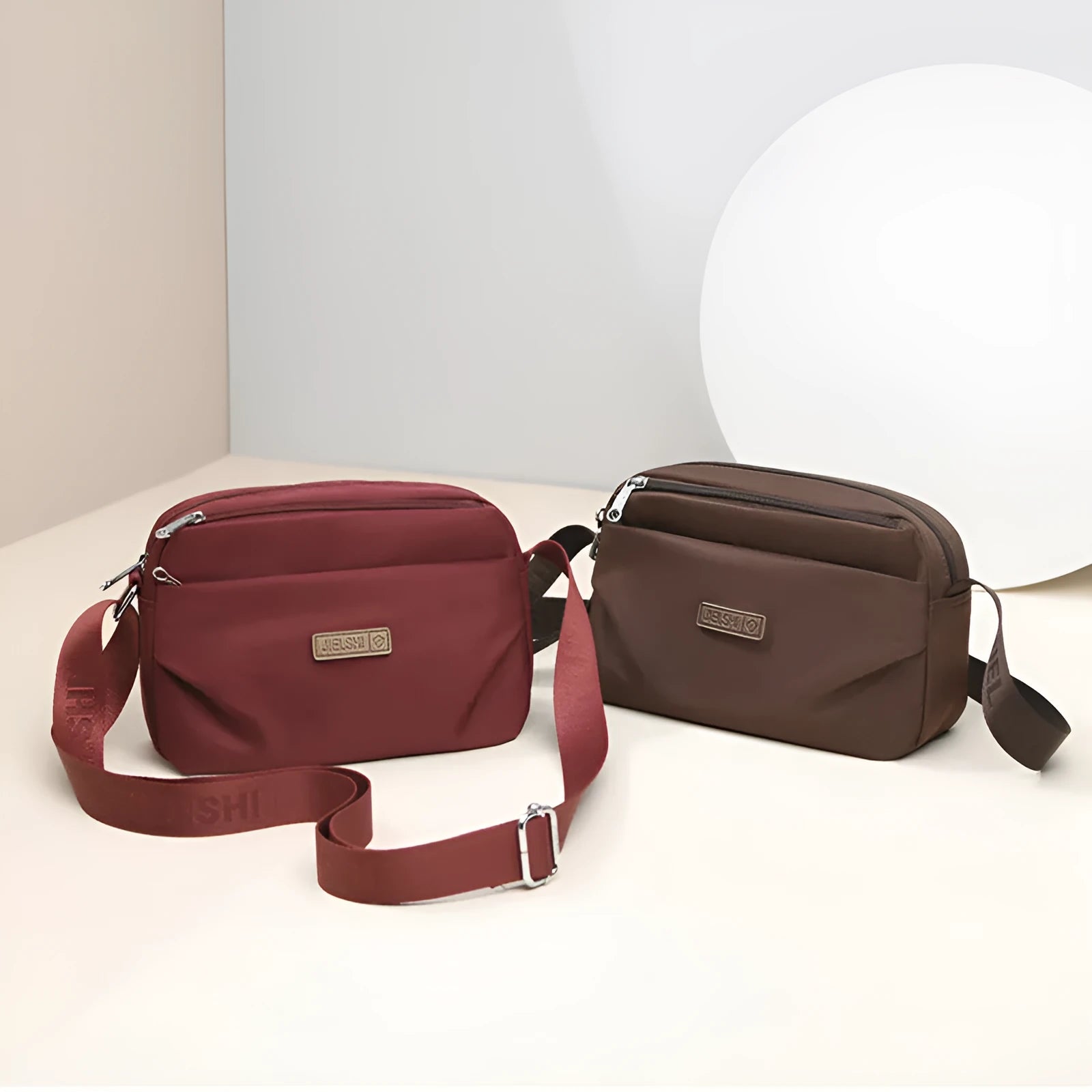 Women's soft nylon multi compartment shoulder bag in urban simplicity style, horizontal square shape, available in multiple colours