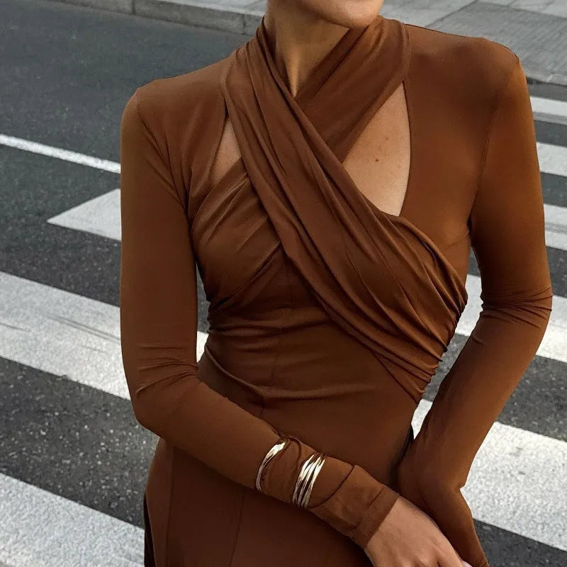 Fashion slim fit brown halter long sleeve dress with high waist princess silhouette