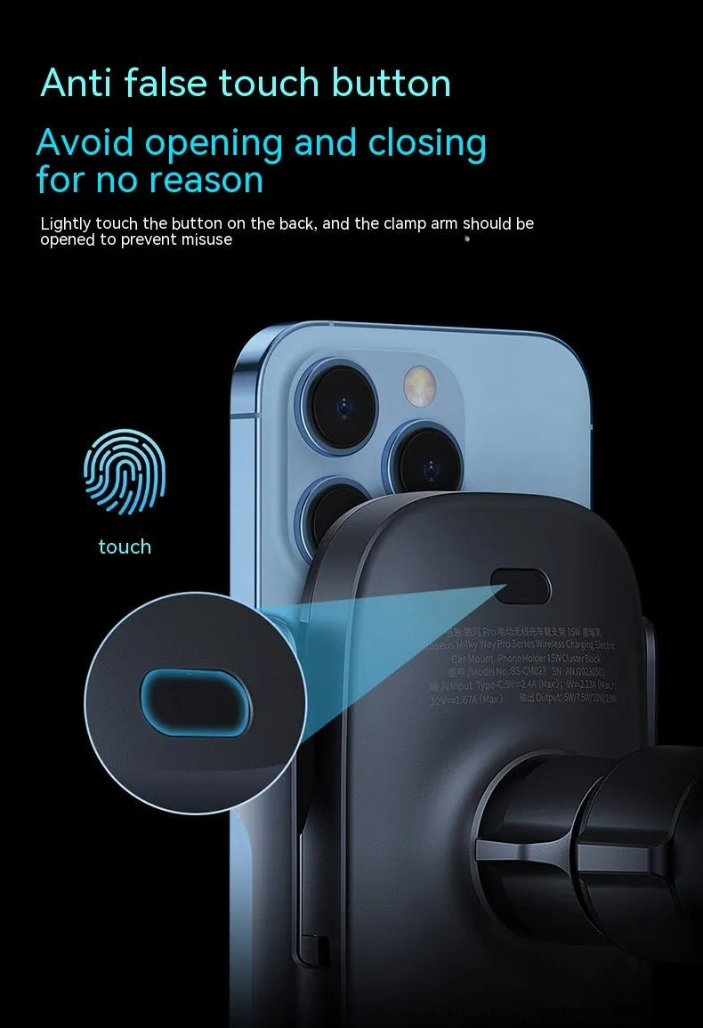 Galaxy Pro automatic car phone holder wireless charger air vent mount Star Black with phone inserted