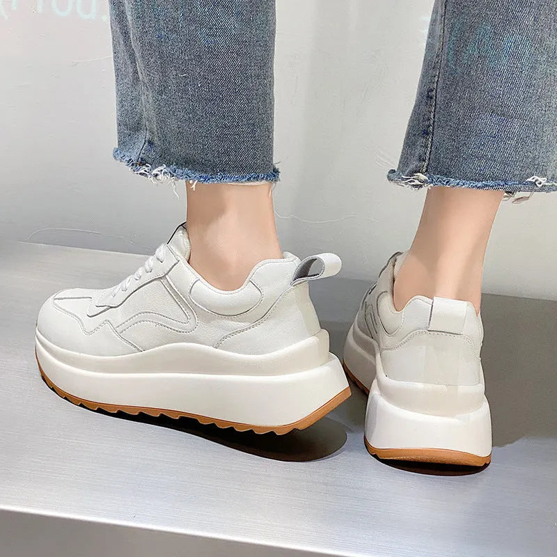Women's beige casual sports shoes with cattlehide leather upper, cross-strap design and mesh lining