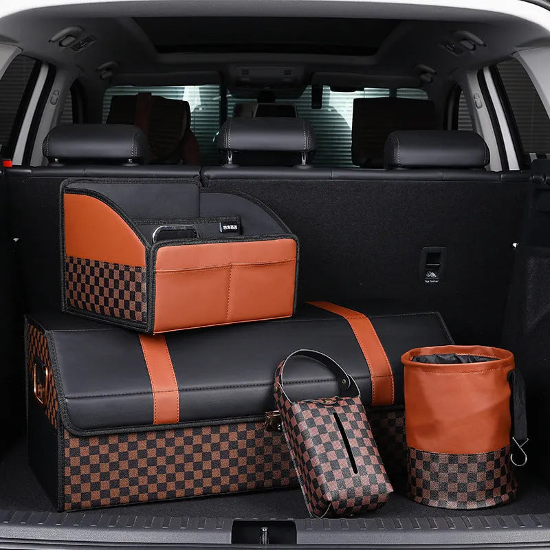 Black retractable leather car rubbish bin with carry handle, shown in folded and expanded states.