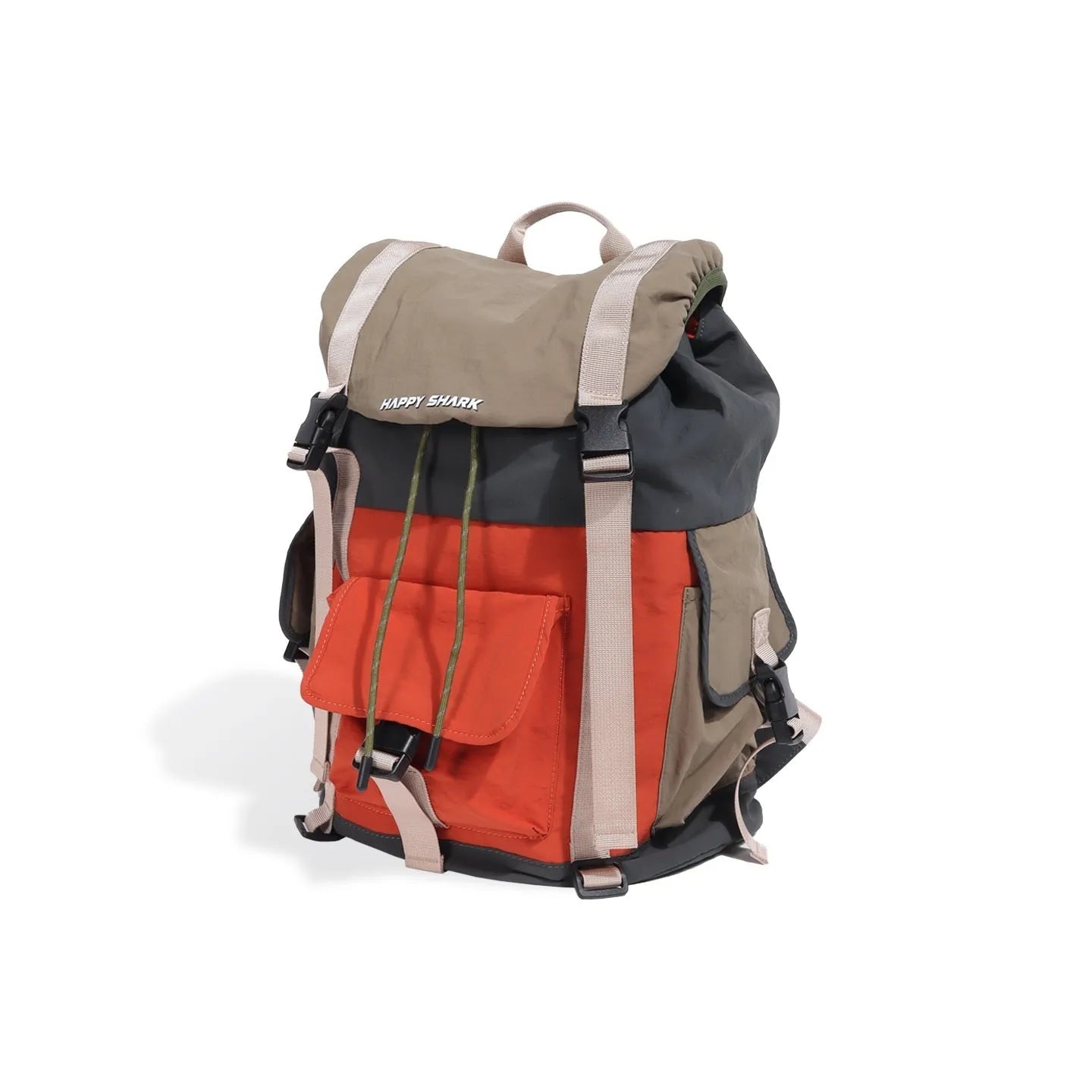 Orange and green contrast colour large outdoor backpack with multiple compartments on a neutral background.