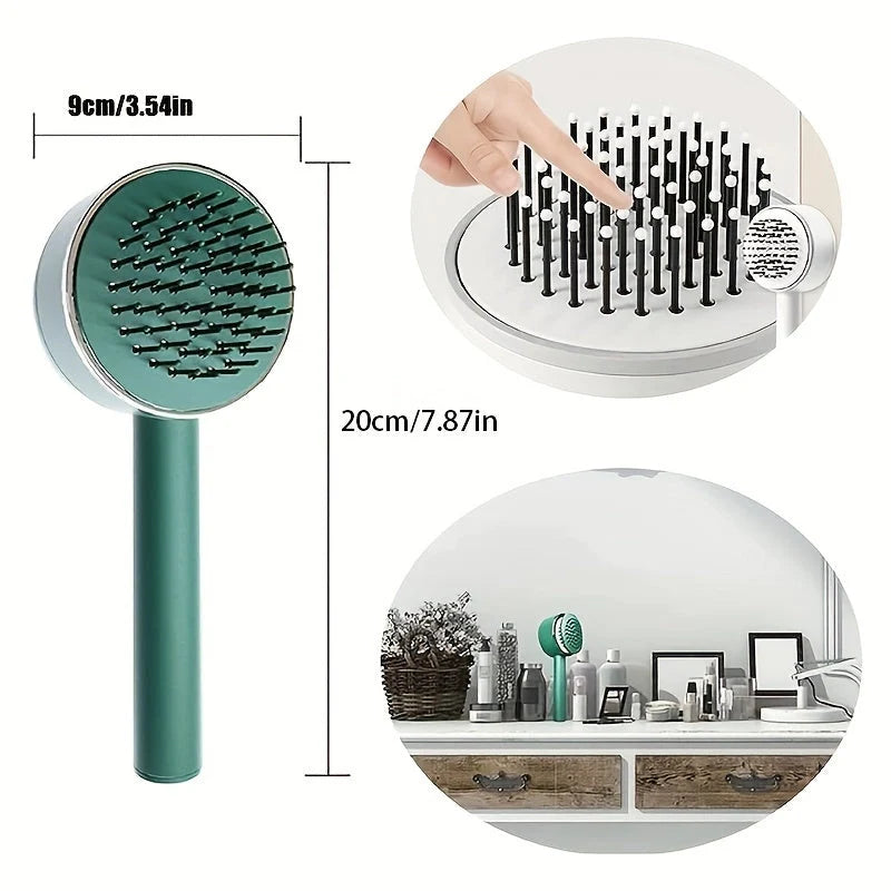 Self-Cleaning Hair Brush with Airbag Massage for curly hair, featuring one-key self-cleaning and scalp massage.
