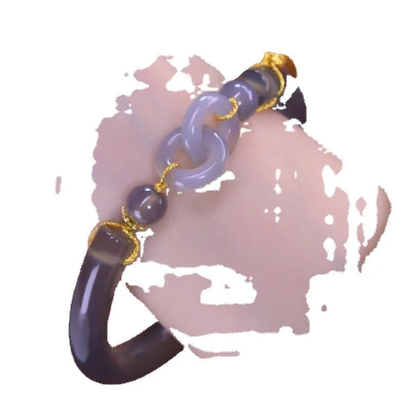 Smoke purple agate half bracelet with ring buckle adjustment in retro grey style