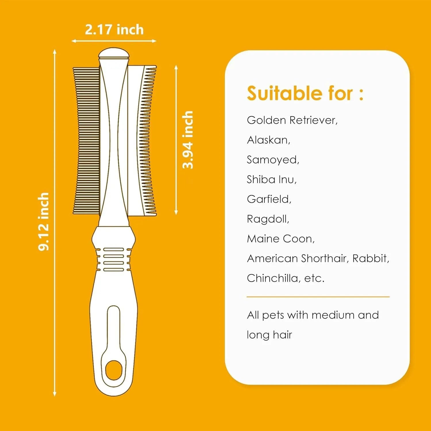 White double-sided pet grooming brush with curved comb and deshedding head on a 230mm handle.
