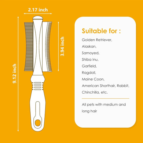 White double-sided pet grooming brush with curved comb and deshedding head on a 230mm handle.