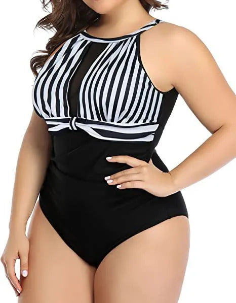 Women's black lace one-piece swimsuit on a mannequin, showing side view with red floral and stripe pattern options.