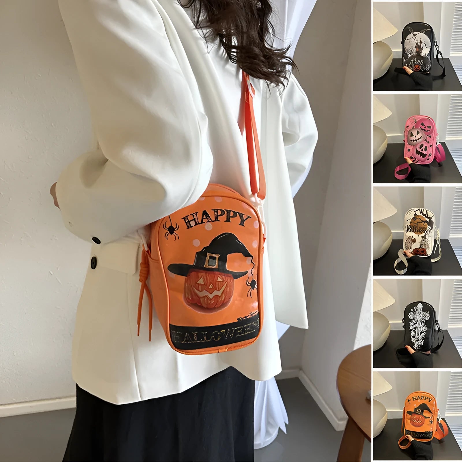 Halloween-themed crossbody phone bag with cartoon pumpkin, ghost, and bat print.