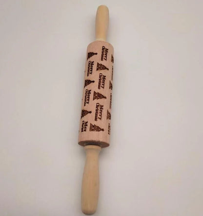 Wooden Christmas embossing rolling pin with non-stick surface for festive baking