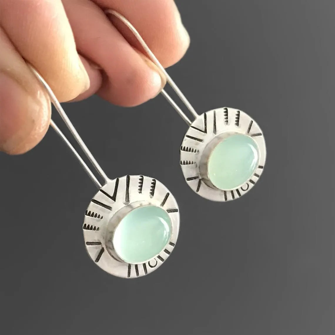 Antique silver water green chalcedony drop earrings for women, 44mm by 17mm, retro style with round elements