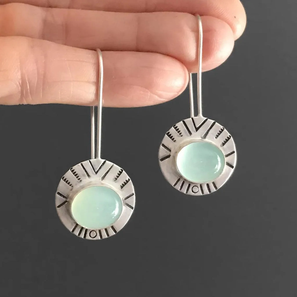 Antique silver water green chalcedony drop earrings for women, 44mm by 17mm, retro style with round elements
