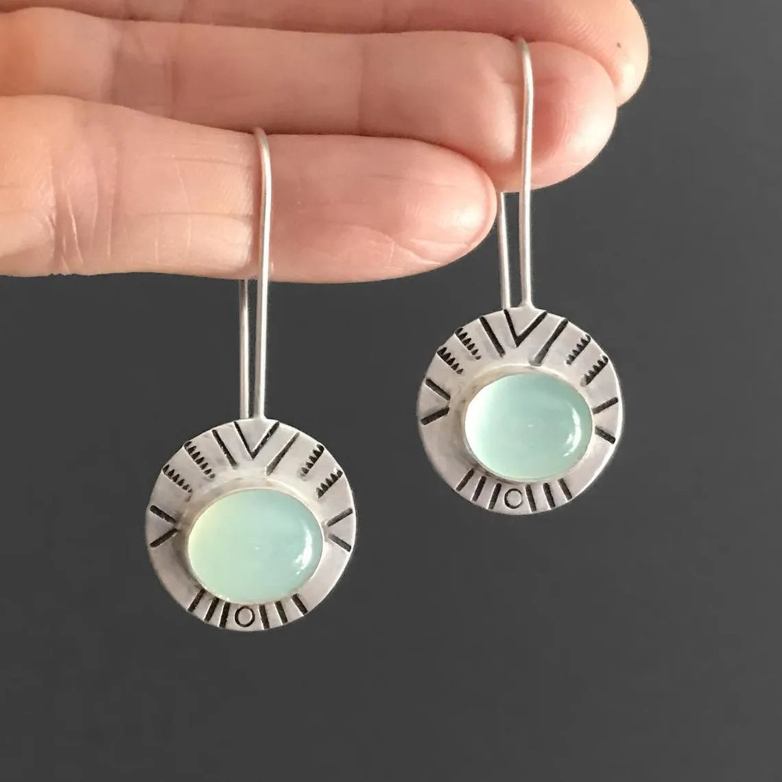 Antique silver water green chalcedony drop earrings for women, 44mm by 17mm, retro style with round elements