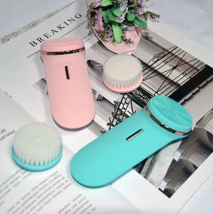 Green silicone electric face cleaner showing 132mm length with vibration cleaning surface