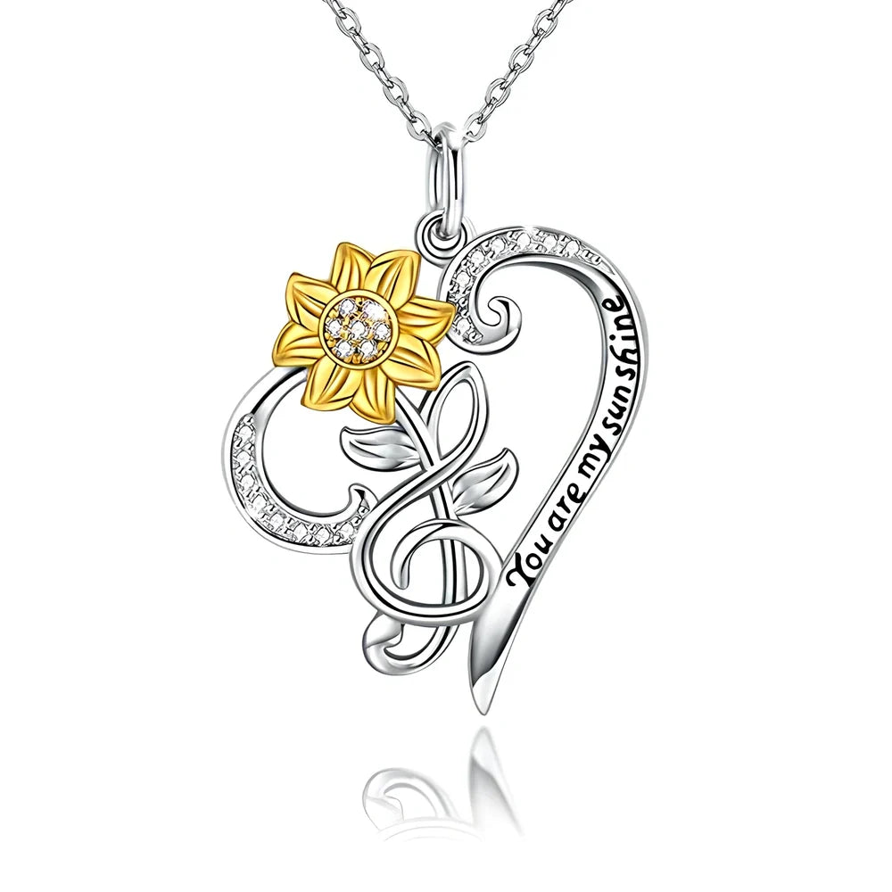 Close-up of S925 sterling silver sunflower necklace with 2cm etched pendant on 45cm chain