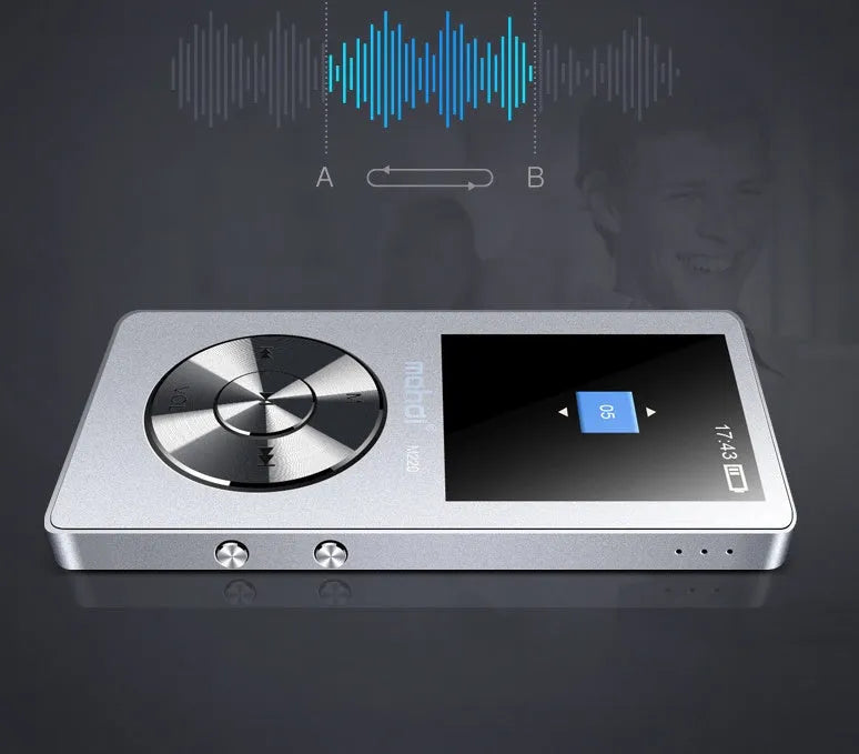 Gold all-metal MP3 music player with 1.8-inch screen showing music interface.