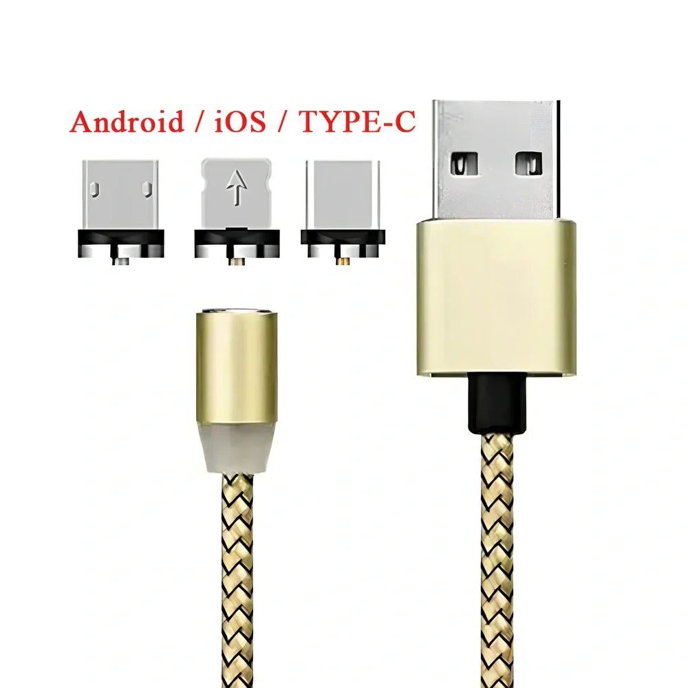 YBD 1m black magnetic LED charging cable with three-in-one plugs for iPhone and Android, showing N52 magnet connection