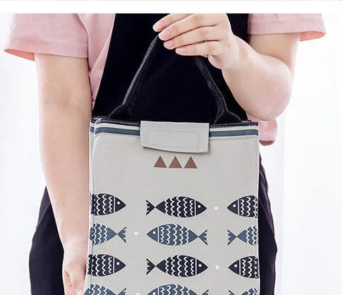 Insulated picnic mini handbag in yellow, light grey, dark grey, and navy blue with cartoon design