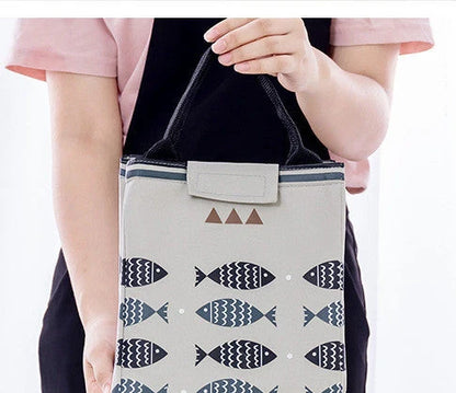 Insulated picnic mini handbag in yellow, light grey, dark grey, and navy blue with cartoon design