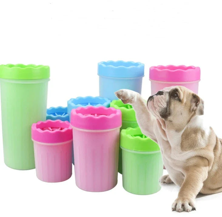 Premium Silicone Dog Paw Washer Cup in pink, blue, and green colors for easy and gentle cleaning of your dog's paws