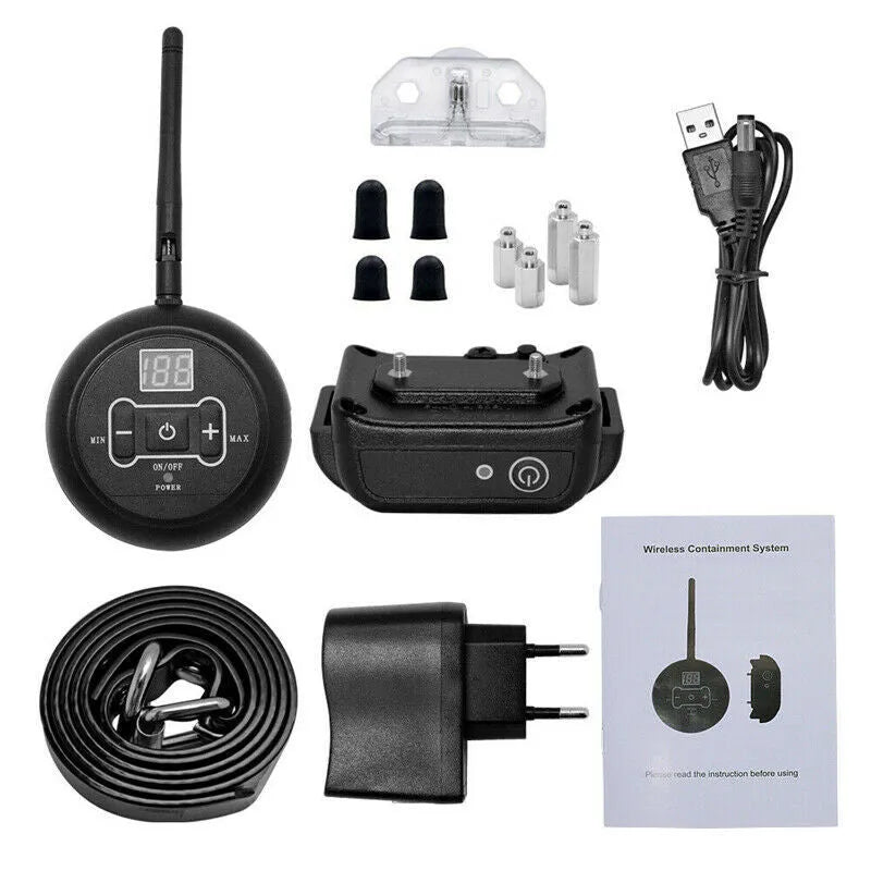 Wireless pet fence transmitter and receiver collar with ABS plastic and TPU construction, IP67 waterproof rating, 150 metre range.