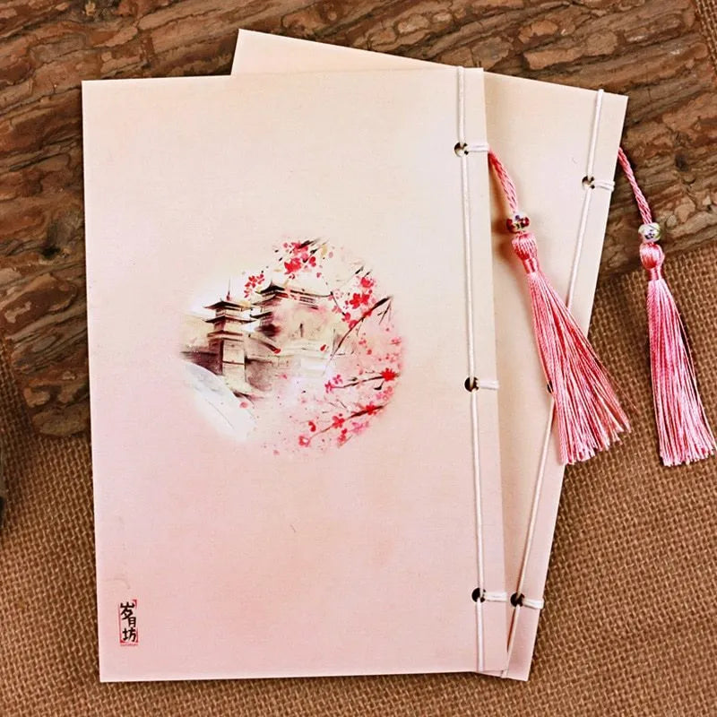 Watercolour azalea Chinese thread-bound notebook showing traditional binding and 208x140mm size