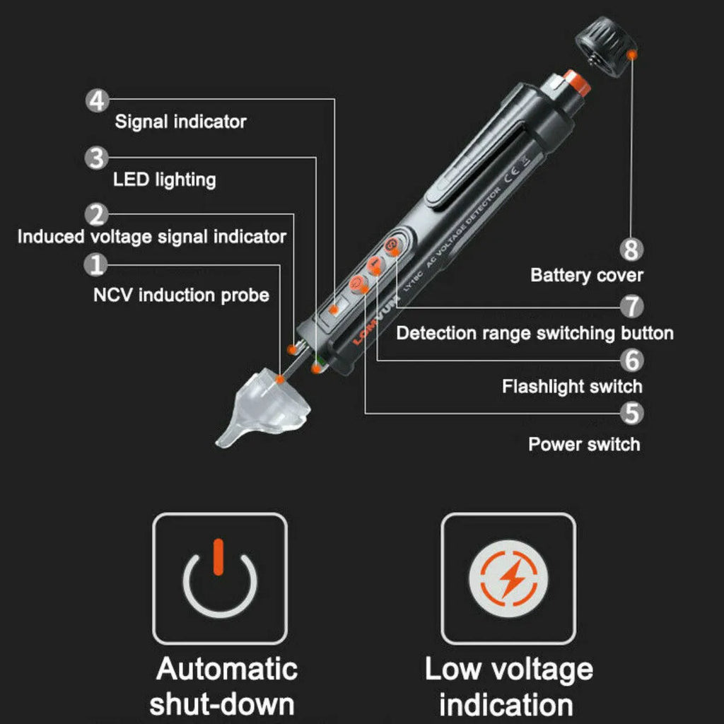 Black intelligent test pencil with sensor tip for voltage detection and automatic shut-off feature