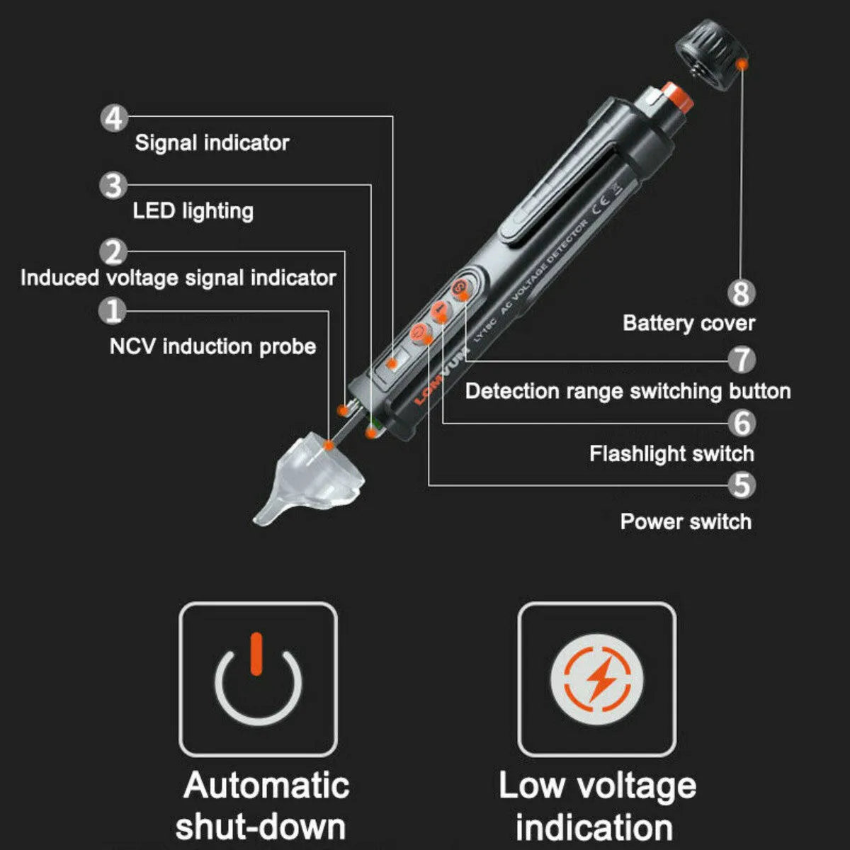Black intelligent test pencil with sensor tip for voltage detection and automatic shut-off feature
