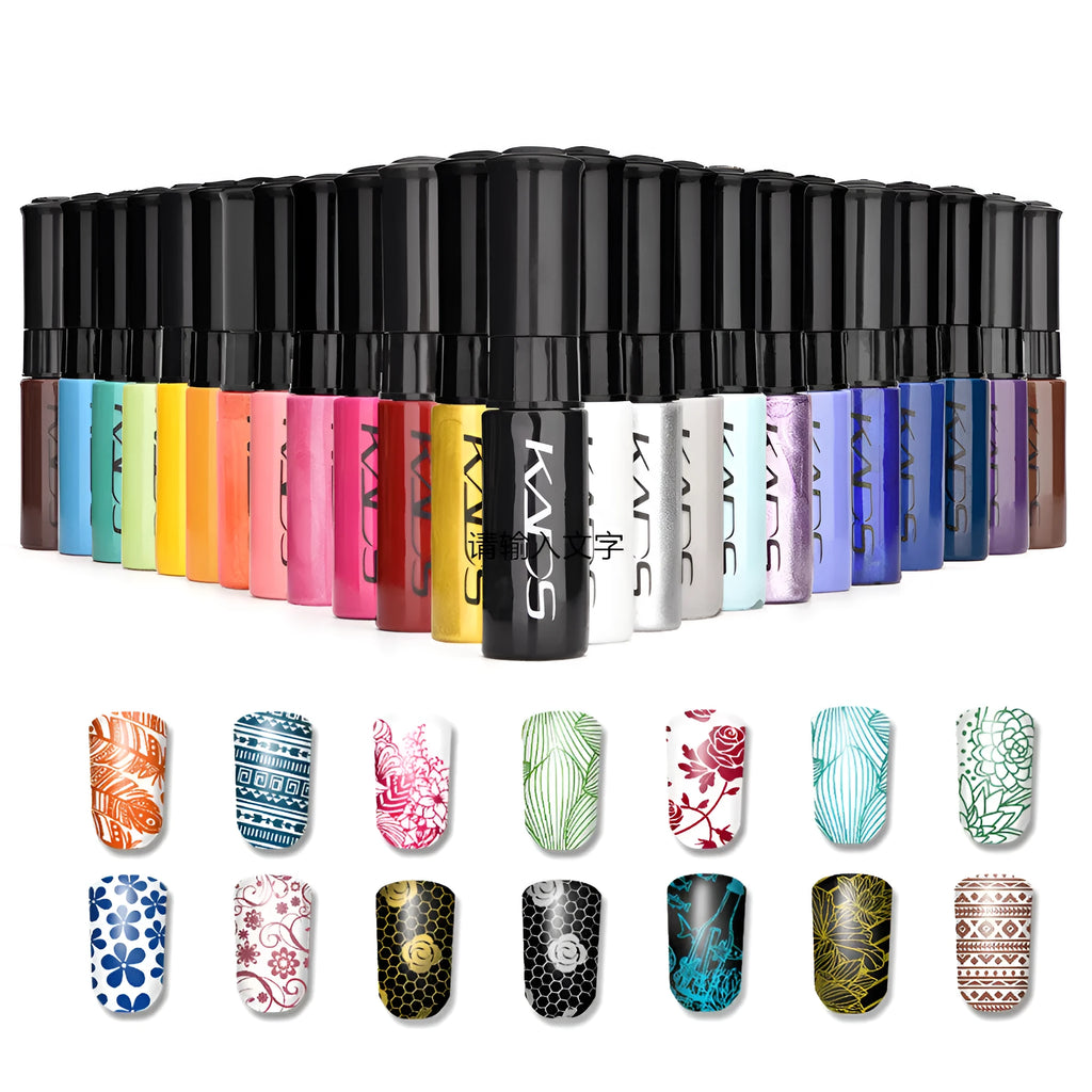 Color print nail polish 7ml bottle with 23 shade selection including gold, silver, pearl pink, and classic colours