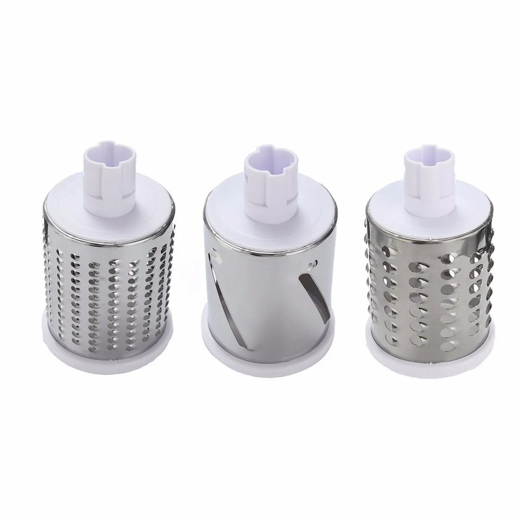 Round mandoline vegetable slicer with three stainless steel blades and suction base