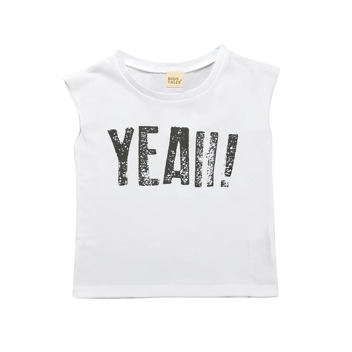 Children's sleeveless cotton t-shirt in army green with letter print, size 100 for 90-100cm height, bust 68cm