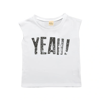 Children's sleeveless cotton t-shirt in army green with letter print, size 100 for 90-100cm height, bust 68cm