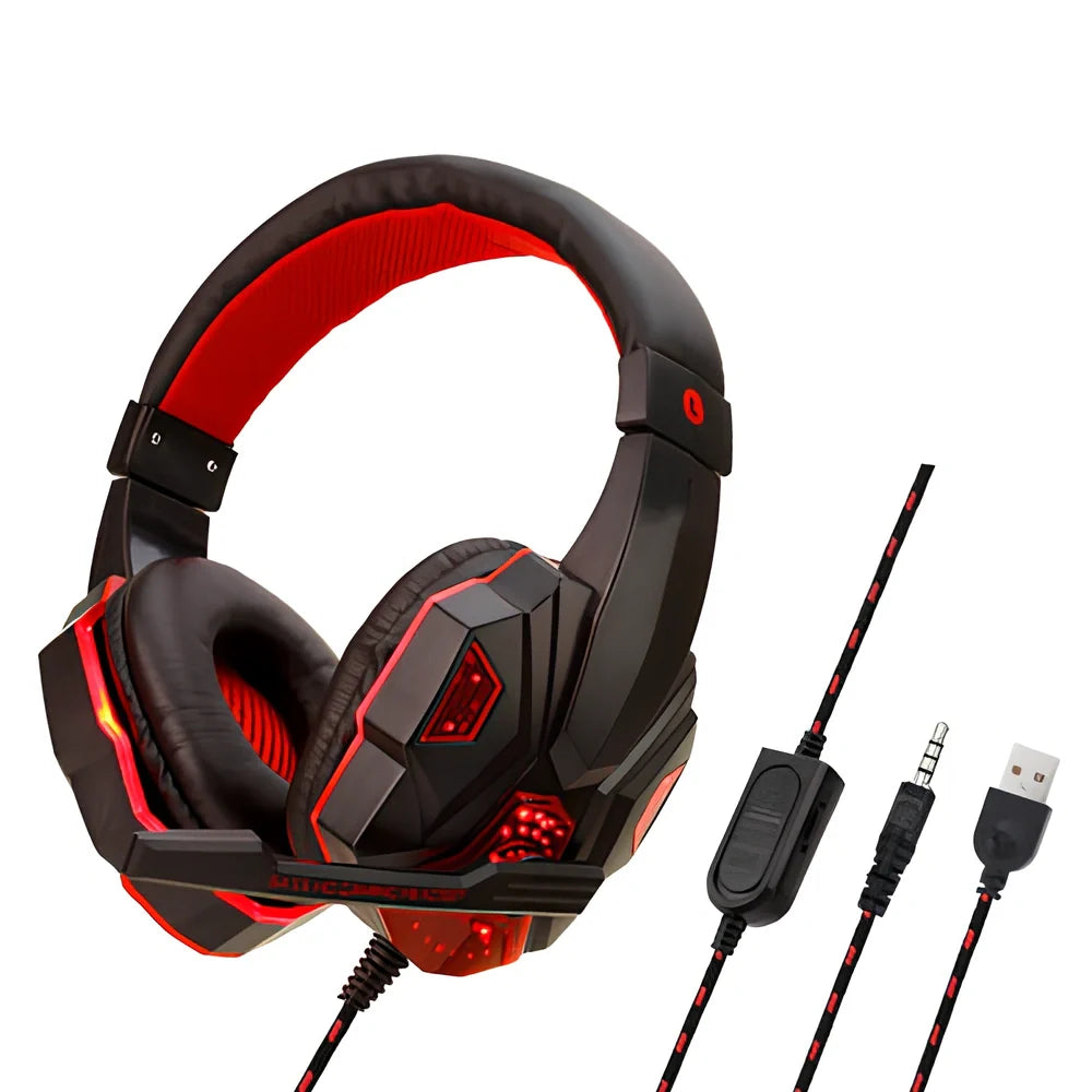 Black gaming headphones with adjustable microphone and braided cable showing 3.5mm plug