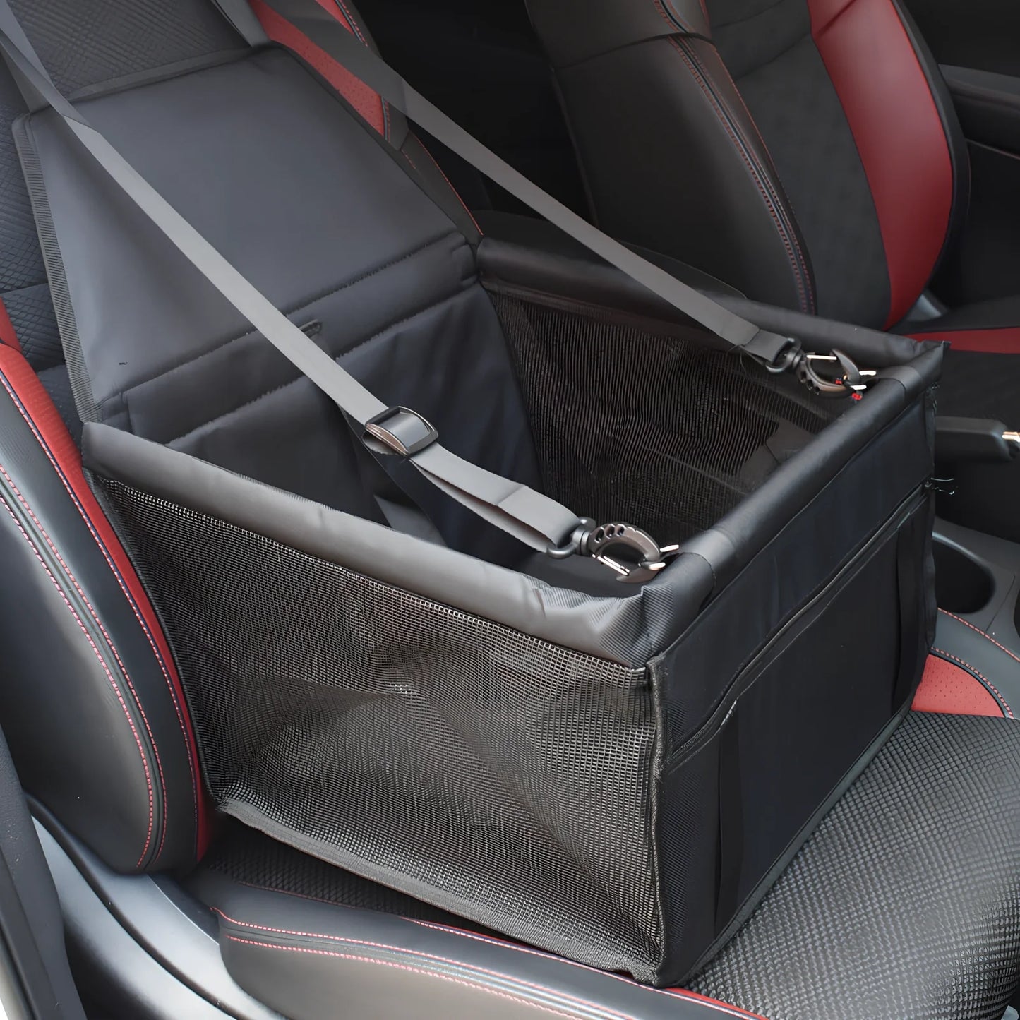 Waterproof pet car mat with headrest straps installed in vehicle, showing storage compartment and dimensions 400x300mm