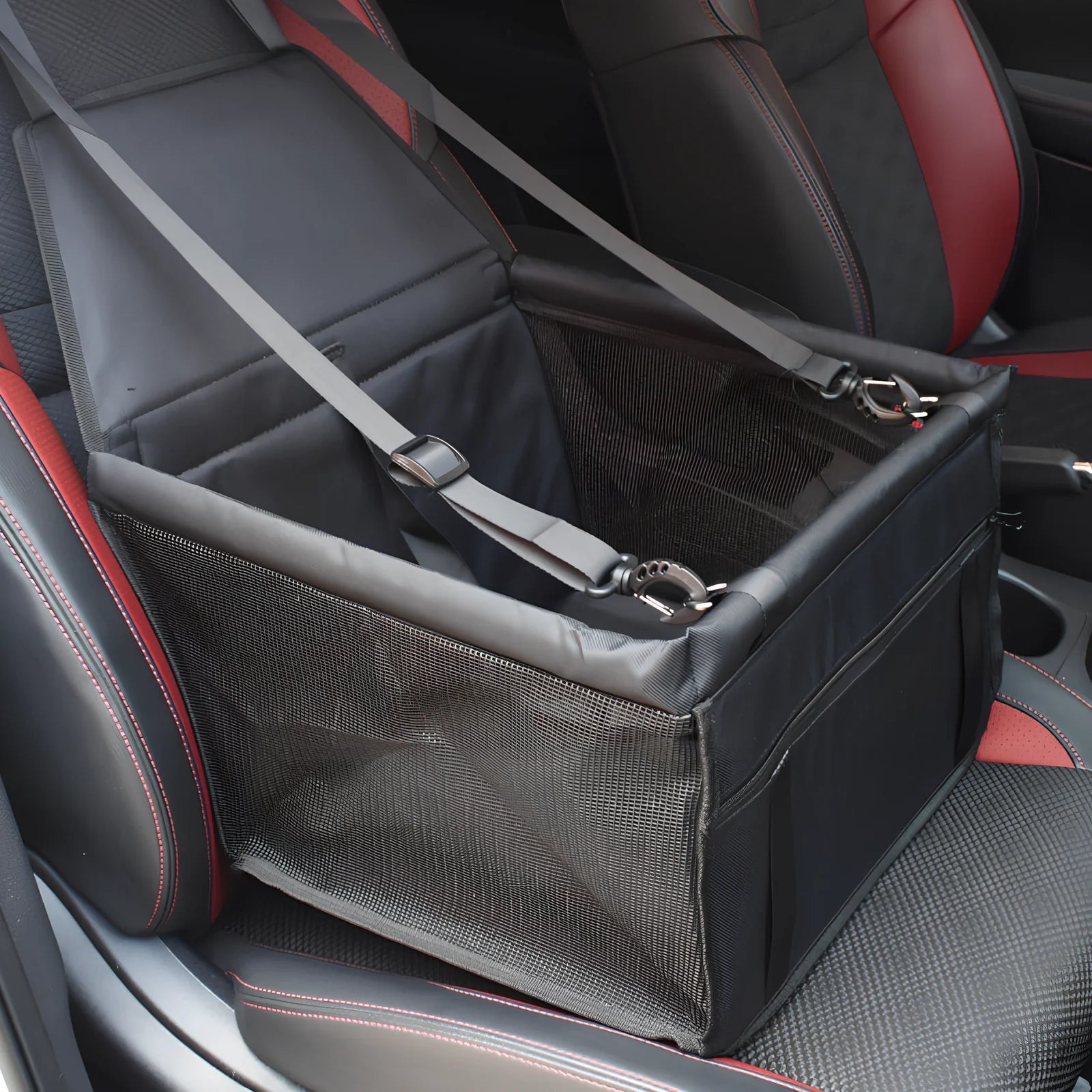 Waterproof pet car mat with headrest straps installed in vehicle, showing storage compartment and dimensions 400x300mm