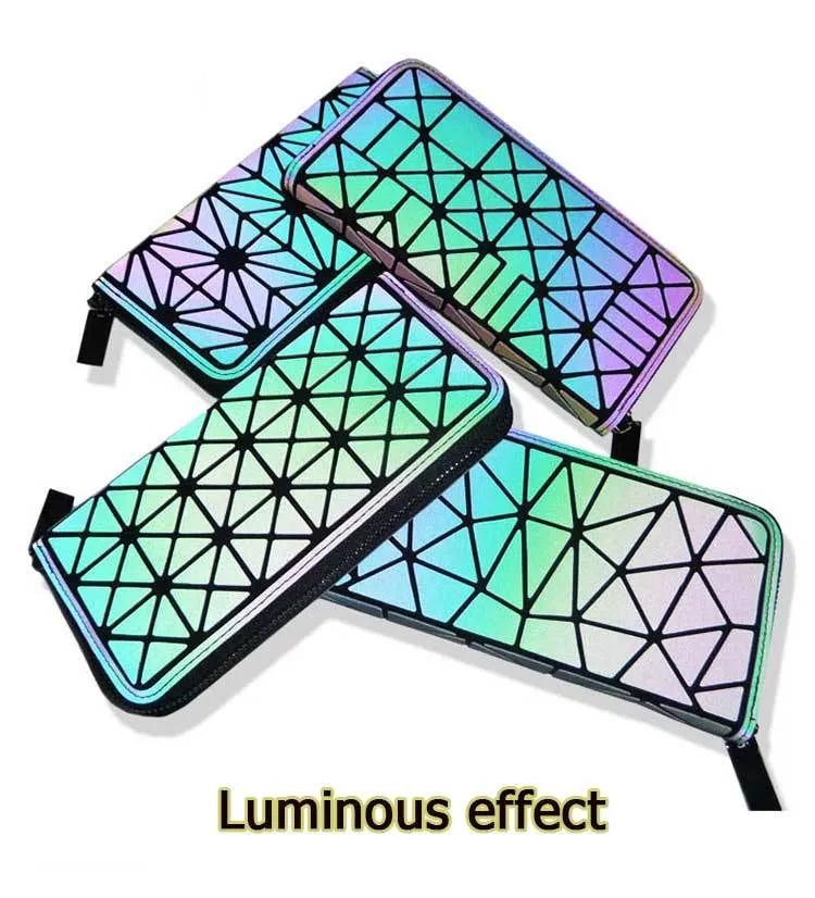 Women's long PU wallet with geometric luminous pattern open showing card slots and coin pocket, 20cmx10cmx2cm