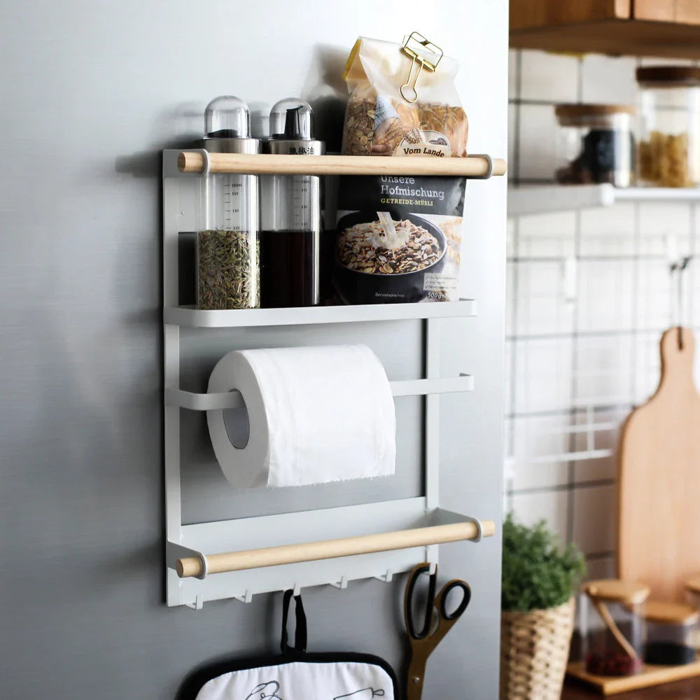 Magnetic refrigerator side rack in black and white, with hooks and wooden bar for kitchen organisation