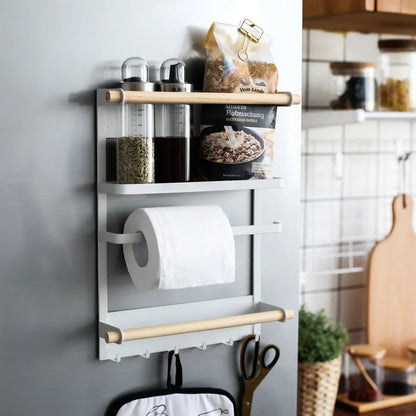 Magnetic refrigerator side rack in black and white, with hooks and wooden bar for kitchen organisation