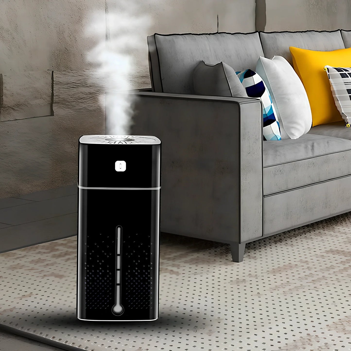 Black and white air purifier humidifier with LED lights and water tank for desktop use