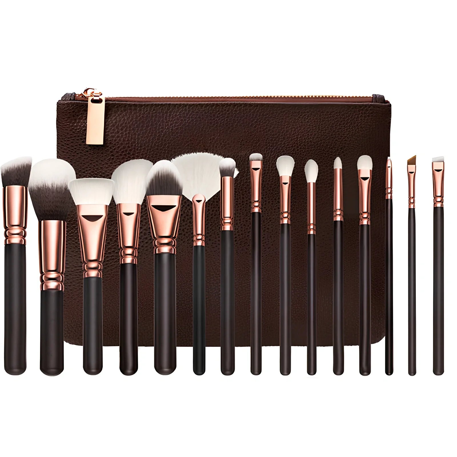 15-piece rose gold makeup brush set with synthetic nylon bristles and wooden handles in pink or brown, including carry bag for storage