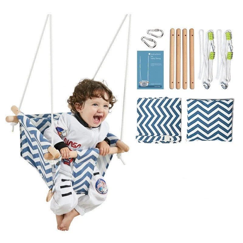 Infant hanging chair with folding canvas swing in blue and white waves
