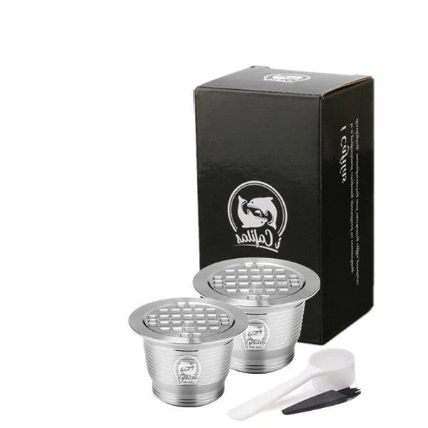 Stainless steel reusable Nespresso coffee capsule with tamper and spoon