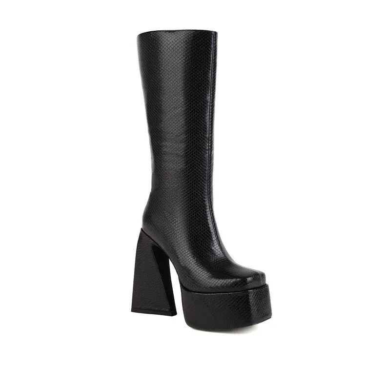 Women's black casual high boots with a PU upper, shown alongside red, blue, and white colour options.