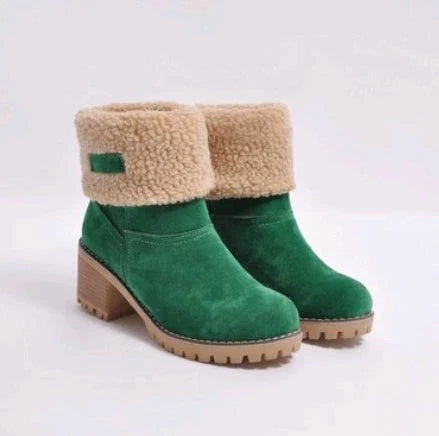 Stylish mid-calf suede snow boots with thick heel in various colors and sizes