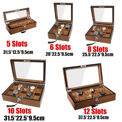 Matte wood grain lock watch storage box with 5 slots, brown finish