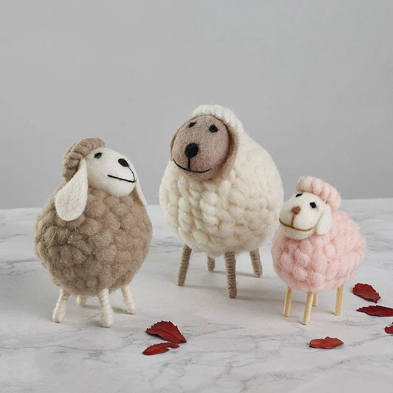 Adorable felt sheep miniature figurines in various colours and sizes for home decoration